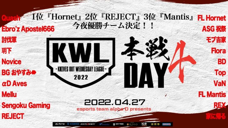 【荒野行動】KWL 本戦 4月度 優勝決定戦【1位『Hornet』2位『REJECT』プロ激突！】実況：Bocky＆柴田アナ