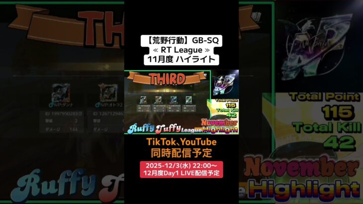 【#荒野行動】≪ RT League ≫11月度 ハイライト #ライブ配信 #月間リーグ戦 #毎週水曜 #AT30SQ 12/3(水)22:00〜配信予定 遊びに来て下さい
